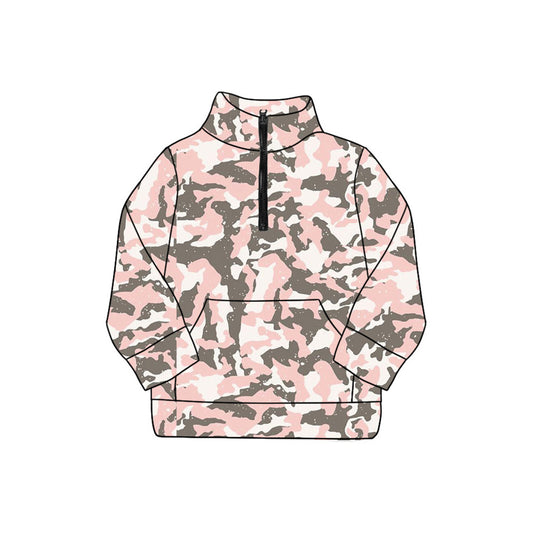 presale GT1175 Adult Women Pink Gray Camo Pocket Zipper Yoga Pullover Tops  D 830