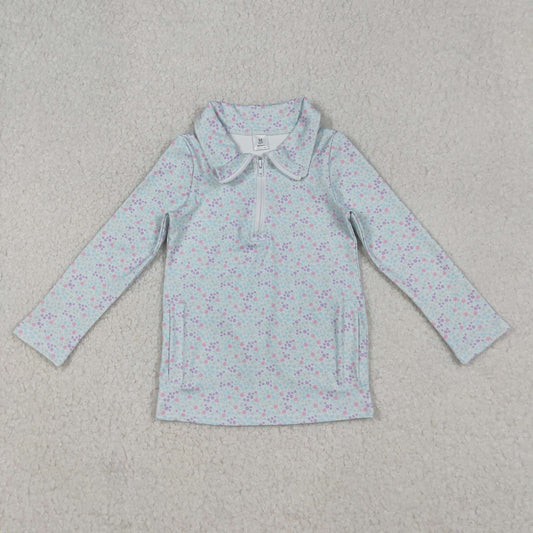 GT1182 Baby Girls Light Blue Floral Zipper Pockets Yoga Pullovers Top   D 902
