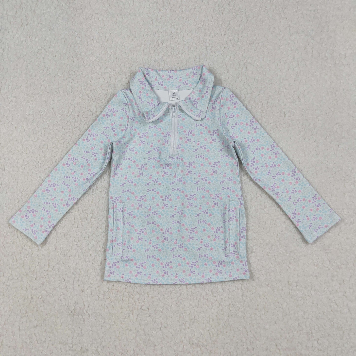 GT1182 Baby Girls Light Blue Floral Zipper Pockets Yoga Pullovers Top   D 902