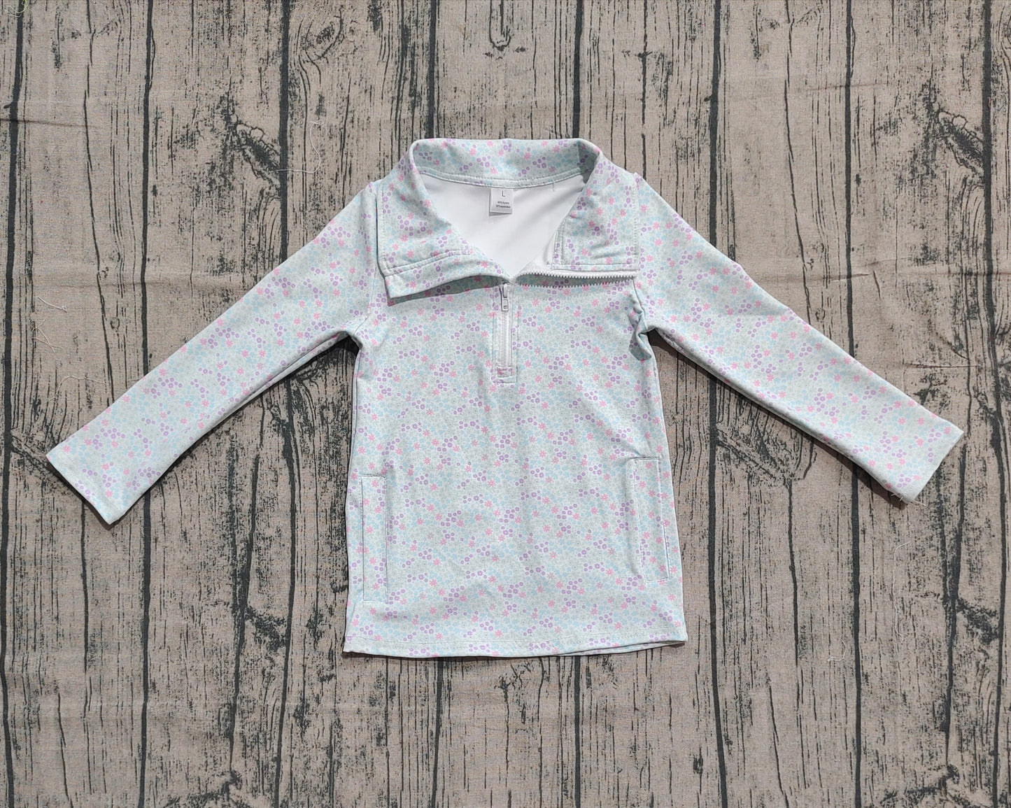 GT1182 Baby Girls Light Blue Floral Zipper Pockets Yoga Pullovers Top   D 902