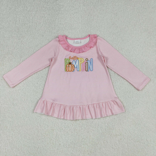 GT1183 Embroidery Pumpkins Baby Girls Pink Stripe Fall Tee Shirts Top D 930