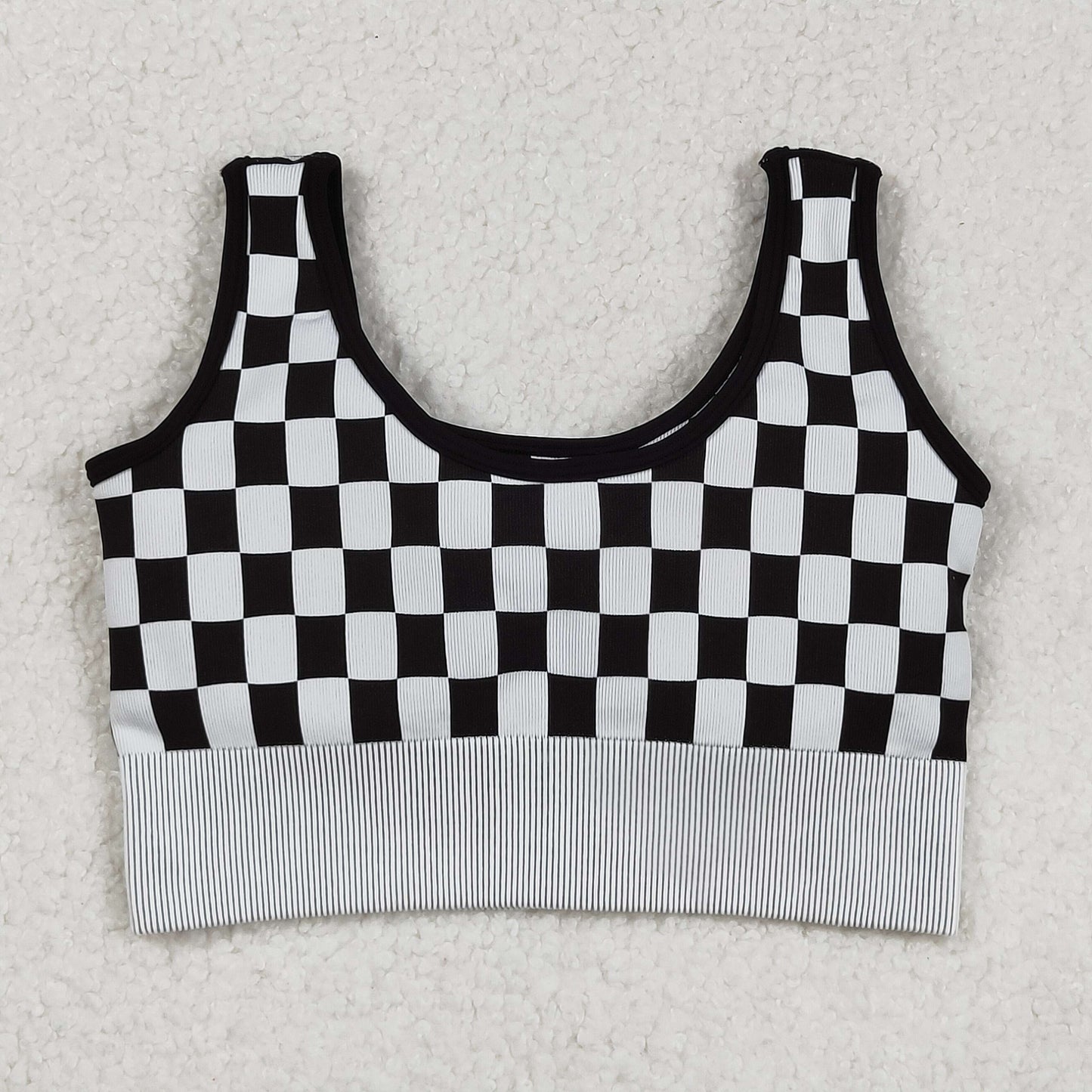 GT1189  Adult Women Black Checkered Knitted Yoga Crop Bra Tops D 903