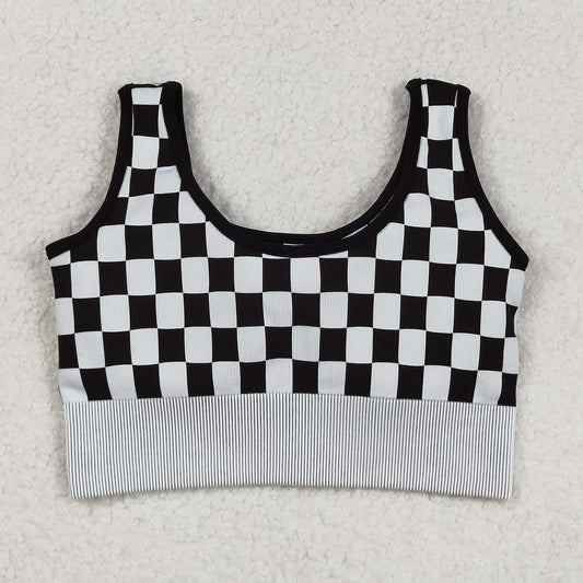 GT1189 Adult Women Black Checkered Knitted Yoga Crop Bra Tops D 903