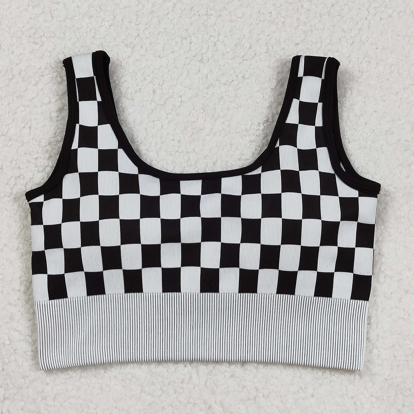 GT1189  Adult Women Black Checkered Knitted Yoga Crop Bra Tops D 903