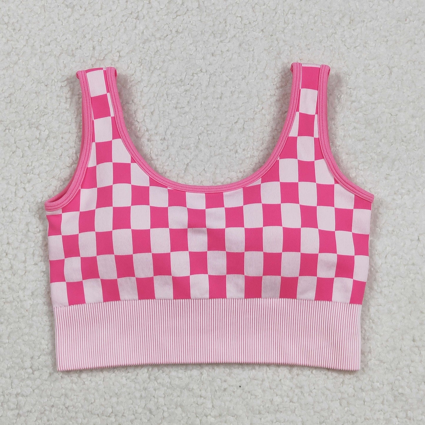 GT1190 Adult Women Pink Checkered Knitted Yoga Crop Bra Tops  D 903
