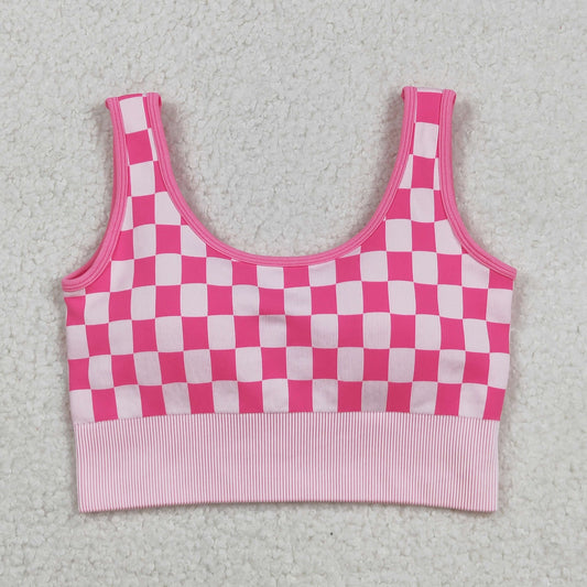 GT1190 Adult Women Pink Checkered Knitted Yoga Crop Bra Tops D 903