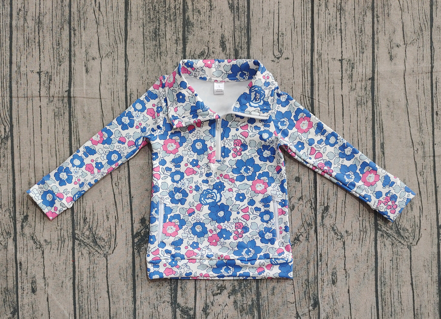 presale GT1192 Baby Girls Blue Floral Zipper Pockets Yoga Pullovers Top  D 905