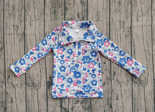 presale GT1192 Baby Girls Blue Floral Zipper Pockets Yoga Pullovers Top  D 905