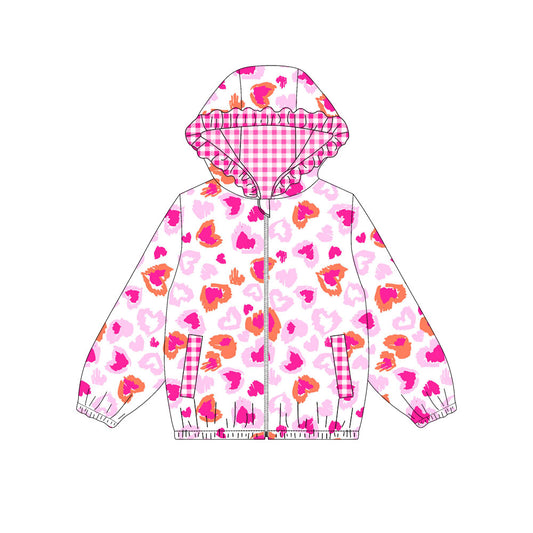 presale GT1219 Baby Girls Pink Hearts Leopard Pocket Zipper Ruffle Hoodies Jackets Top D 909
