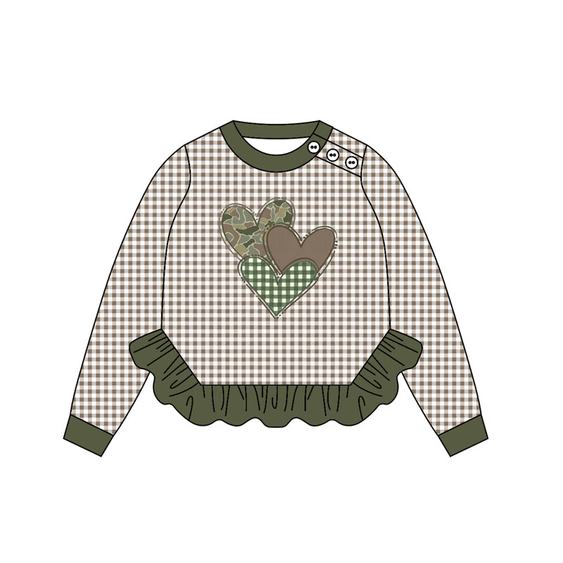 presale GT1225  Baby Girls Green Checked Camo Hearts Valentine Ruffle Tee Shirts Top  D 912