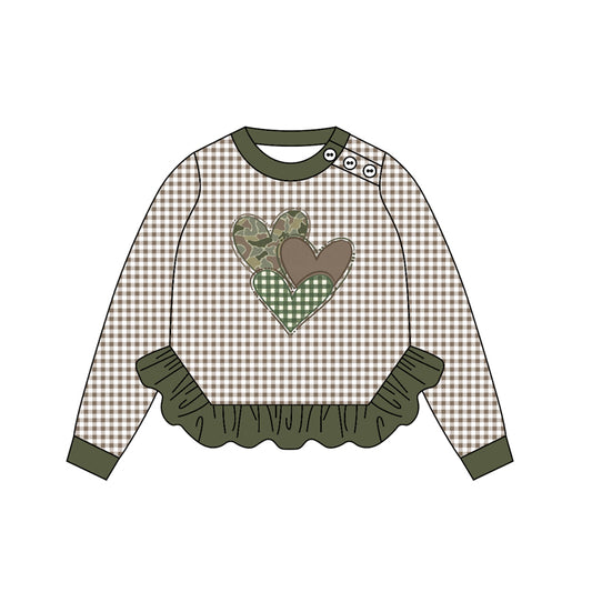 presale GT1225  Baby Girls Green Checked Camo Hearts Valentine Ruffle Tee Shirts Top  D 912
