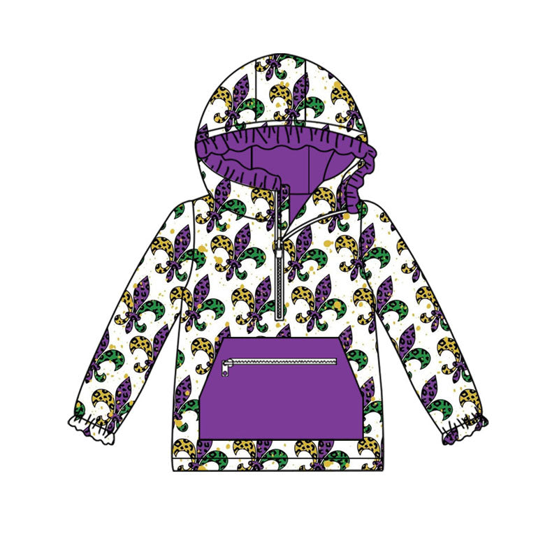 presale GT1227 Baby Girls Mardigras Anchors Checked Zipper Pocket Ruffle Hoodies Top   D 916