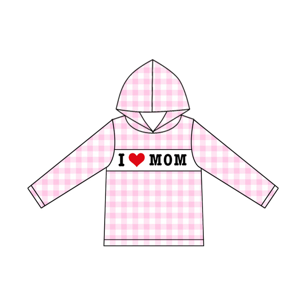 presale GT1228 Baby Girls Pink Checked I Love Mom Hoodie Top   D 916