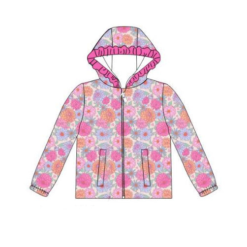 presale GT1230 Baby Girls Hot Pink Flowers Pockets Zipper Ruffle Hoodies Top D 916