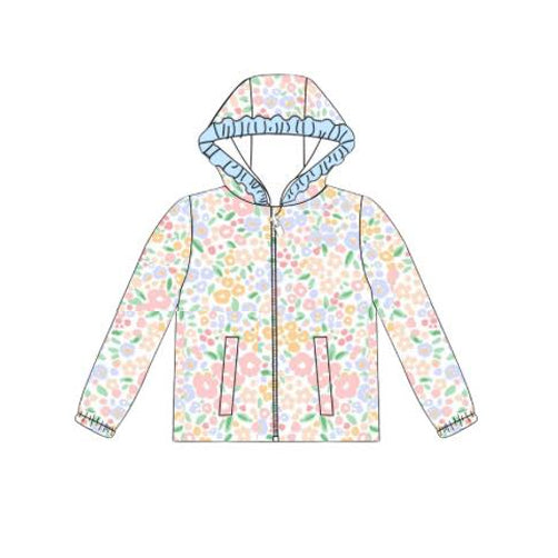 presale GT1231 Baby Girls Blue Pink Flowers Pockets Zipper Ruffle Hoodies Top  D 916