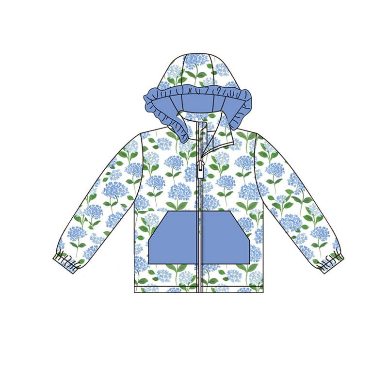 presale GT1245 Baby Girls Blue Flowers Pocket Zipper Ruffle Hoodies Jackets Top D 923