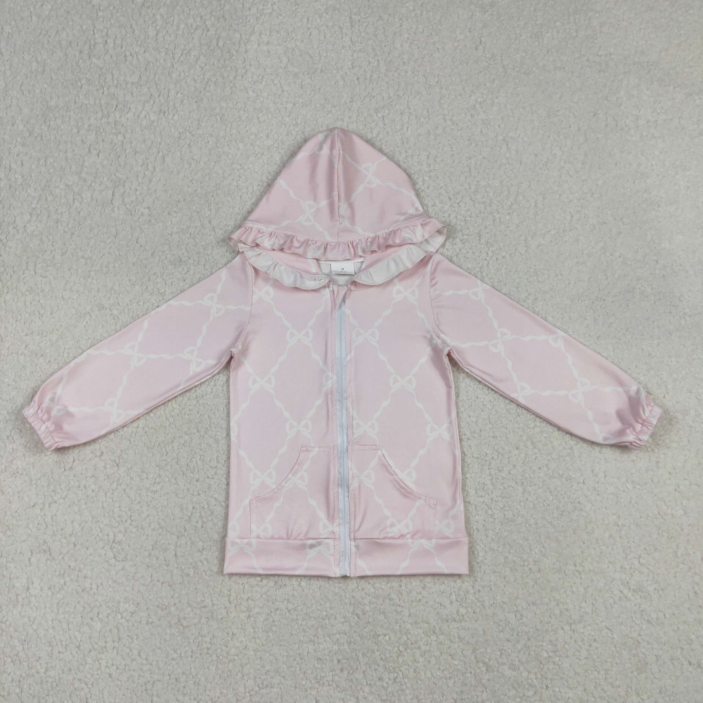 Baby Girls Pink Checked Hoodie Jacket with Bows And Pockets Zip Closure Ruffle Detail Top for Kids