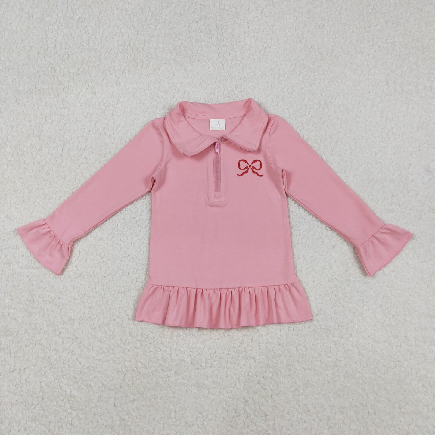 GT1270 Embroidery Bow Baby Girls Pink Long Ruffle Sleeve Zipper Valentines Pullovers Top D 1206
