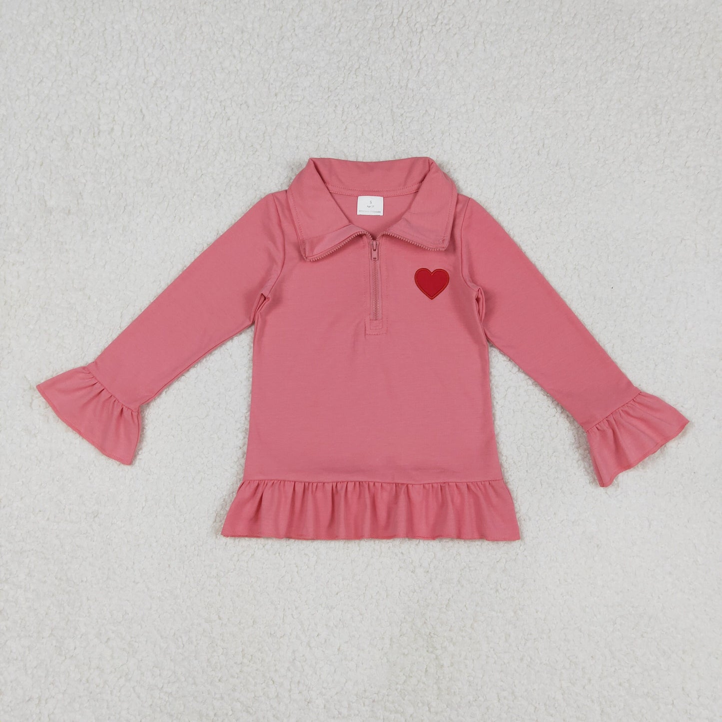 Sibling Embroidery Bow Baby Girls Pink Long Ruffle Sleeve Zipper Valentines Pullovers Top  D 1206