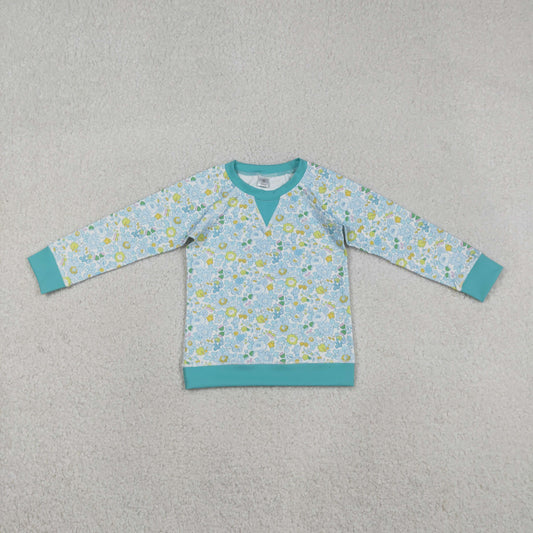 Baby Girls Long Sleeve Yoga T-shirt Green Blue Flowers Active Top Comfortable Breathable Clothing for Infants