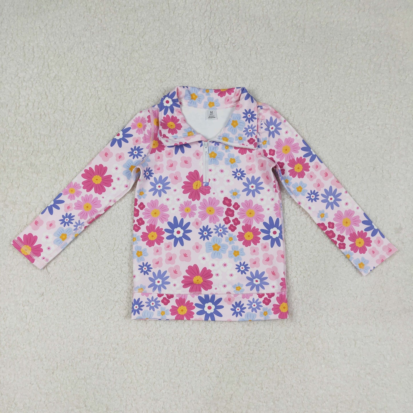 Baby Girls Zipper Pullover Yoga Top with Pink Blue Daisy Flowers Active Top for Kids