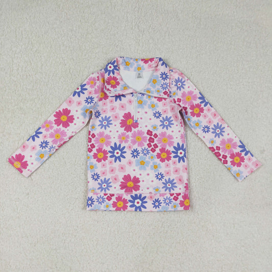 Baby Girls Zipper Pullover Yoga Top with Pink Blue Daisy Flowers Active Top for Kids