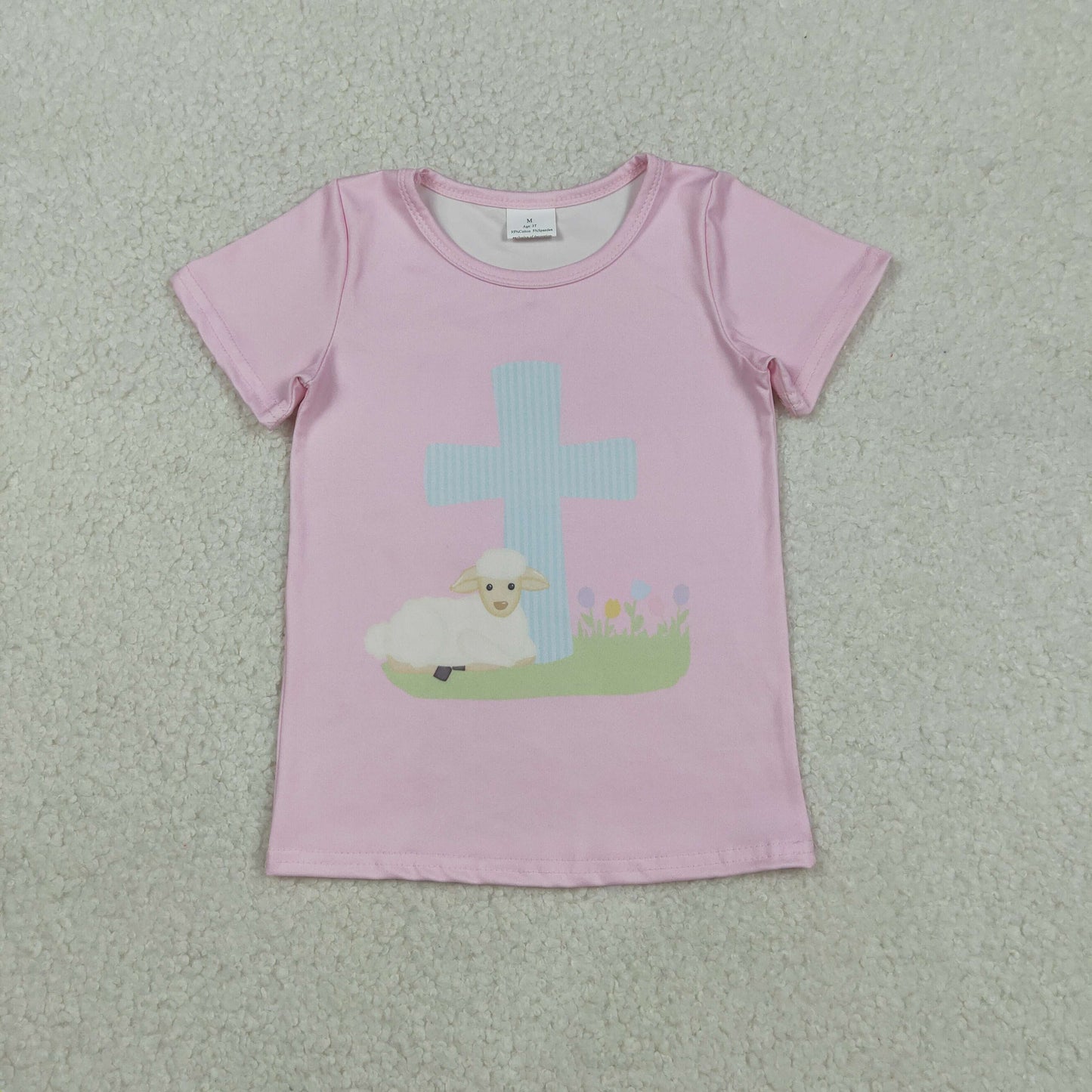 Sibling Baby Girls Short Sleeve T-shirt Easter Themed with Cross Rabbits And Flowers Tops for Spring