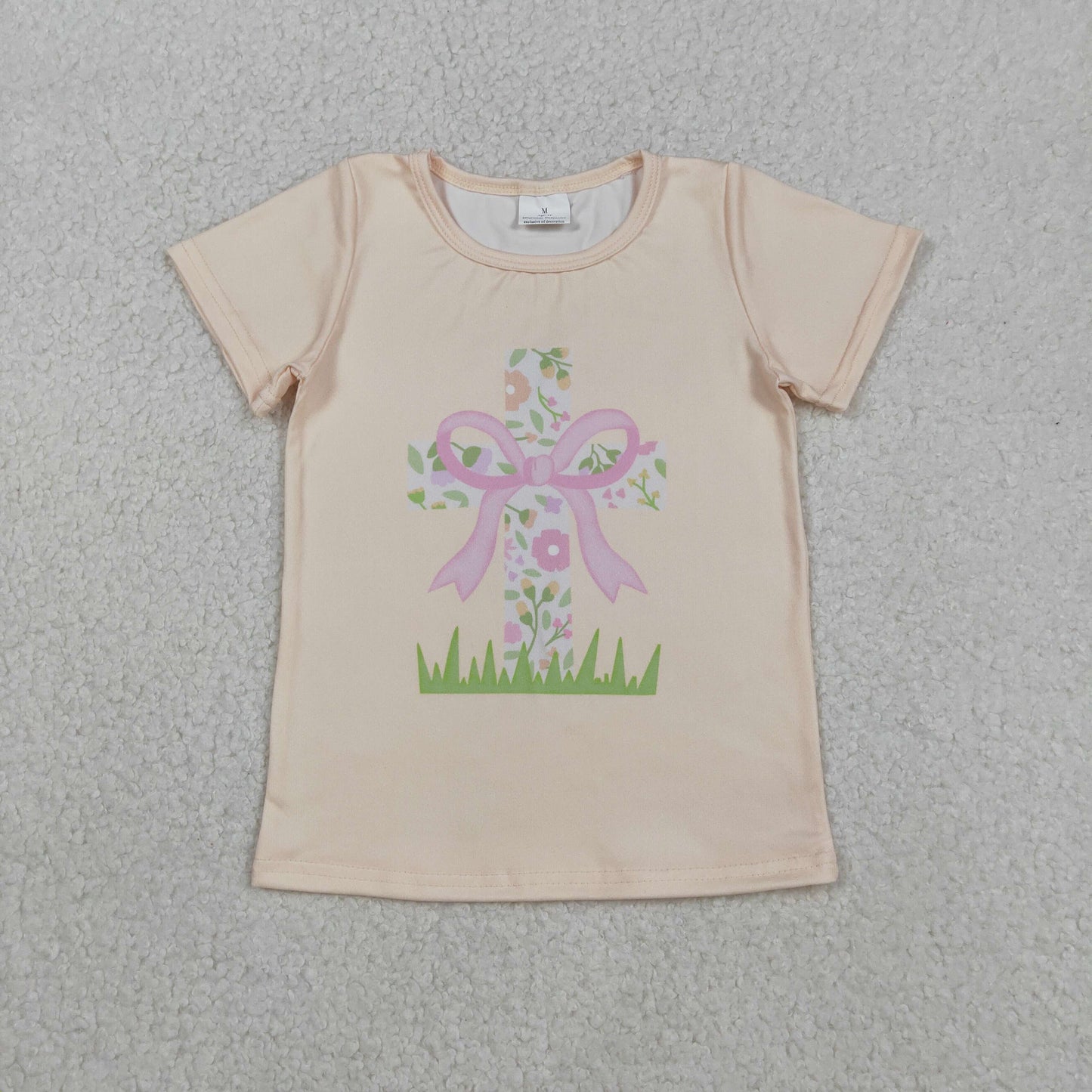 Sibling Baby Girls Short Sleeve T-shirt Easter Themed with Cross Rabbits And Flowers Tops for Spring