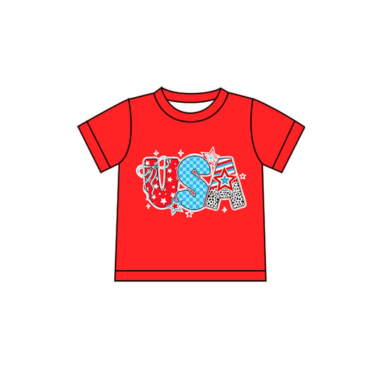 Presale GT1592 Summer T-shirt For Girls Baby Girls Red Short Sleeve USA Bows 4th of July T-shirts Top