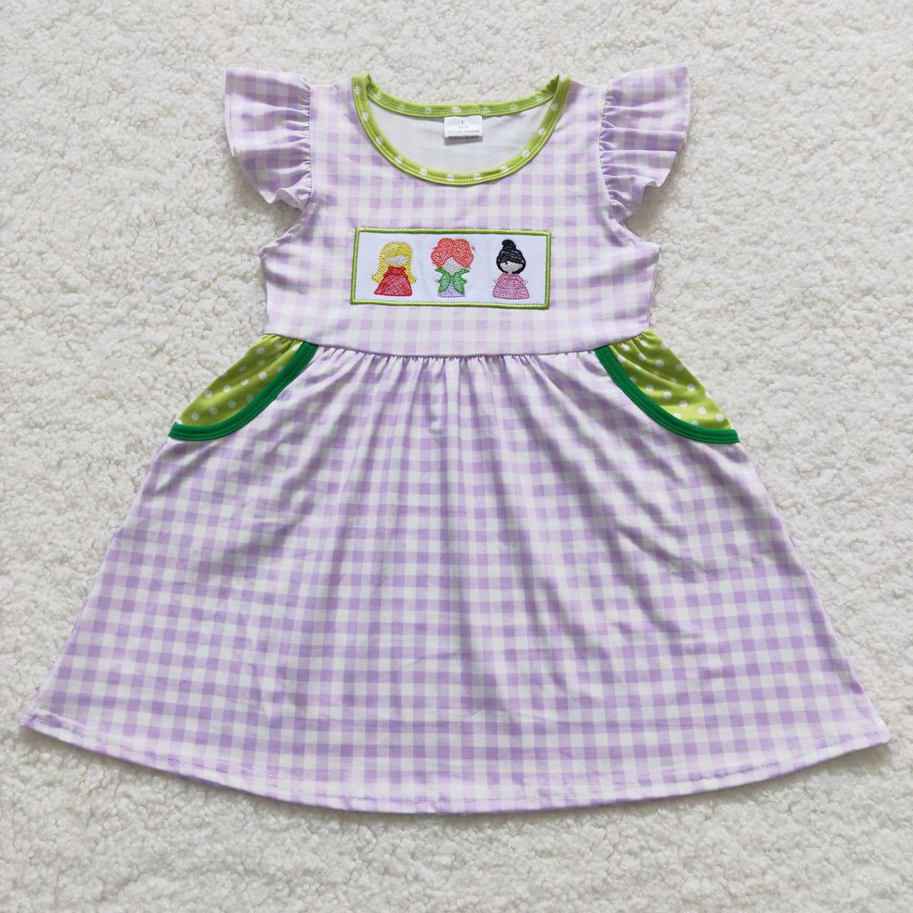 GSD0451 embroidery witch purple and white plaid pocket flying sleeve skirt
