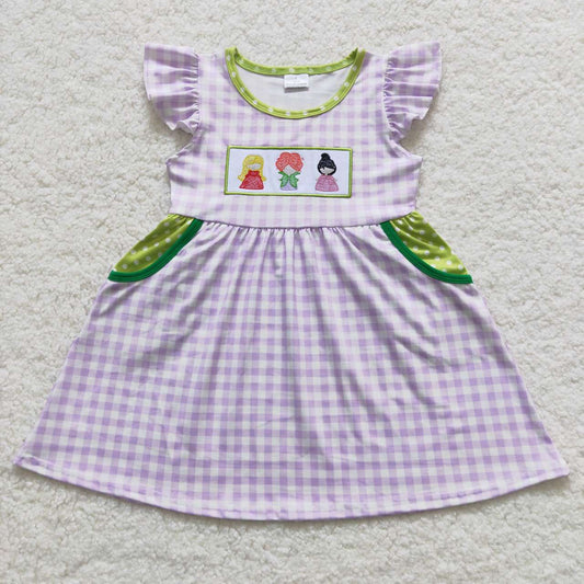 GSD0451 embroidery witch purple and white plaid pocket flying sleeve skirt