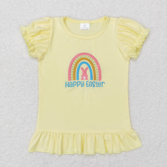 happy easter baby girl embroidery yellow ruffle t-shirt
