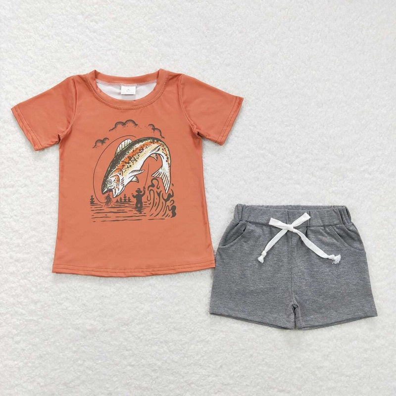 Fishing Orange Short Sleeve Light Gray Pocket Shorts Set BT0507+SS0133