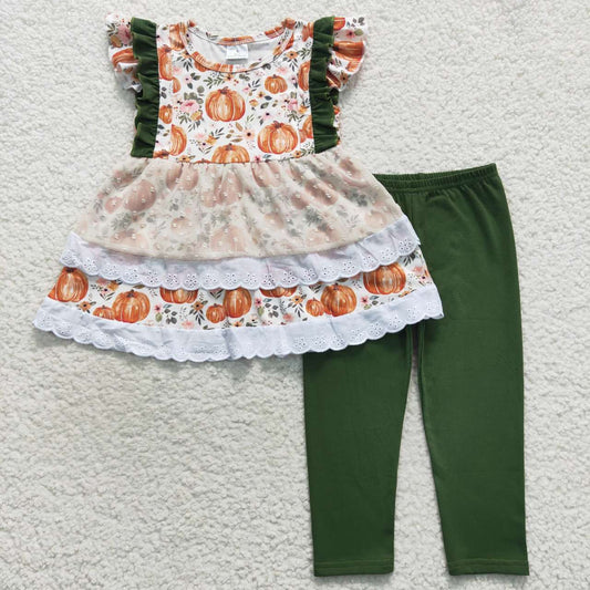 GSPO0810 Pumpkin Blossom Lace Short Sleeve Green Trouser Set