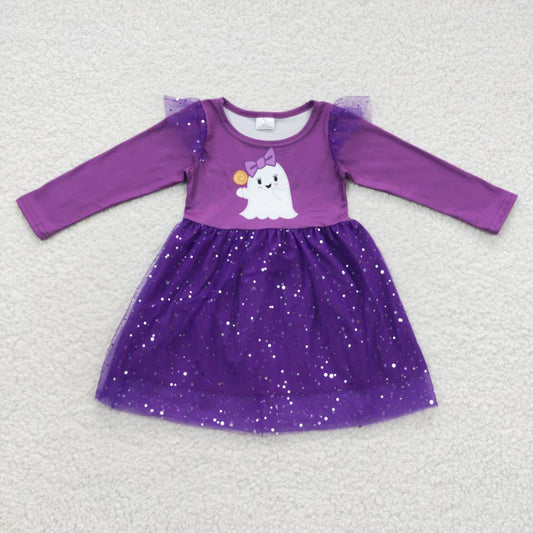 GLD0314 Candy Ghost Lace Purple Tulle Sequined Long Sleeve Dress