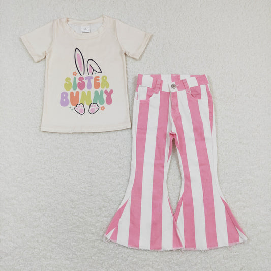 GT0394sister bunny beige short-sleeved top+P0315 Pink and white striped denim trousers
