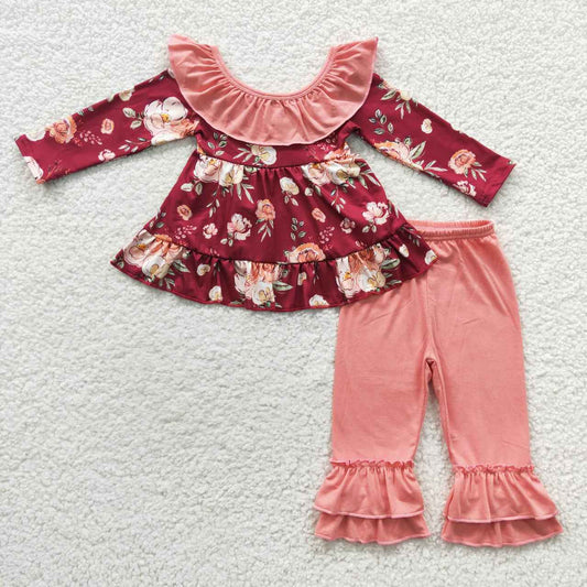 GLP0532 Floral Bow Crimson Lace Long Sleeve Trouser Set