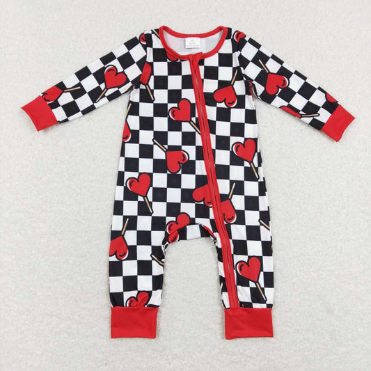 LR0856 Red Lollipop Black and White Plaid Red Zipper Long Sleeve Jumpsuit