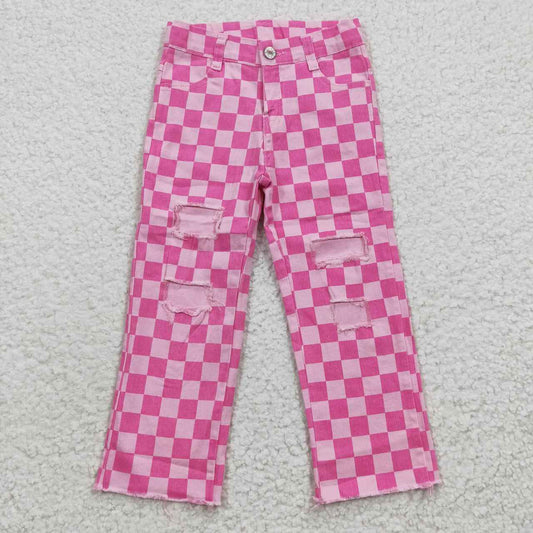 P0096 Pink Plaid Ripped Jeans