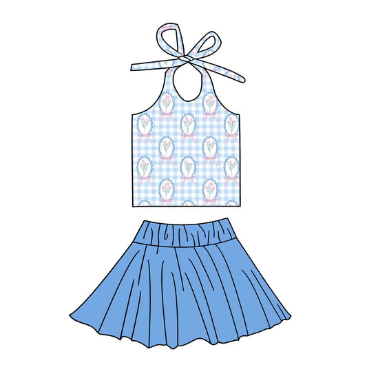Custom order blue gingham flower halter skirt outfit