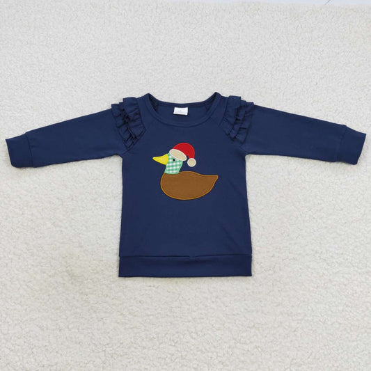 GT0281 Embroidered Santa Hat Duck Lace Navy Long Sleeve Top