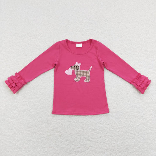 GT0409 Embroidery Love Bow Puppy Rose Red Lace Long Sleeve Top