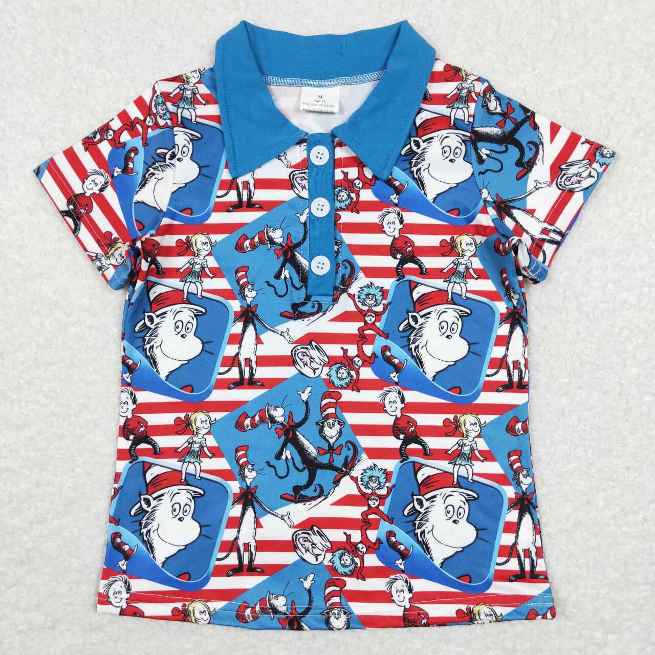 BT0483  red and white striped blue collared button-down short-sleeved top