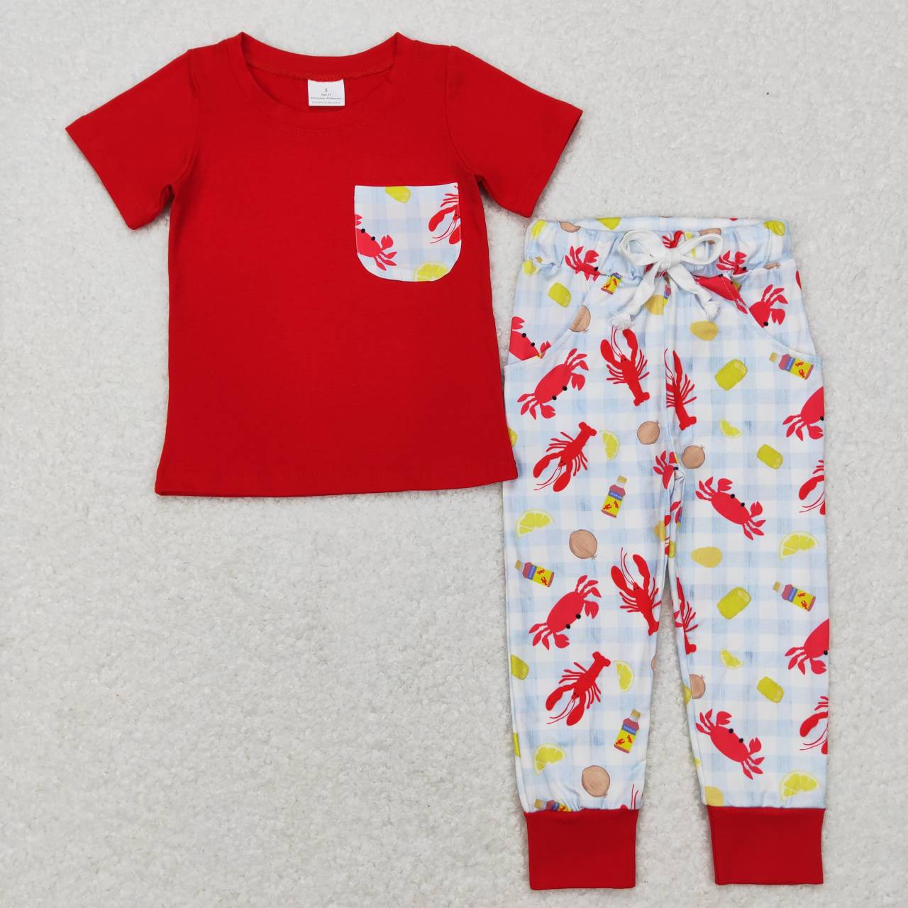 BSPO0189 Lobster corn plaid pocket red short-sleeved trousers suit