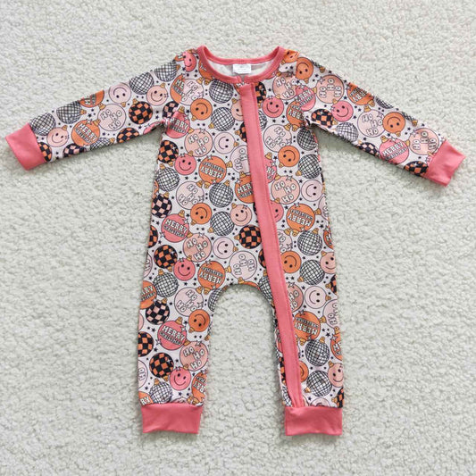 LR0297 merry christmas happy face ball pink zipper long-sleeved jumpsuit
