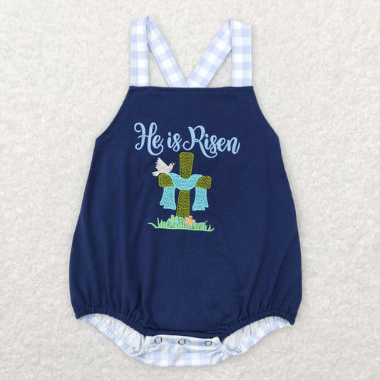 SR0565 he is risen navy blue blue and white plaid vest jumpsuit with embroidered cross