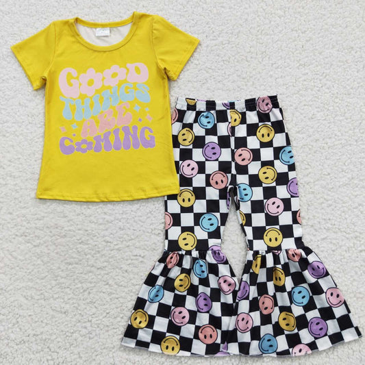 GSPO0685 Alphabet Yellow Short Sleeve  Flared Pants