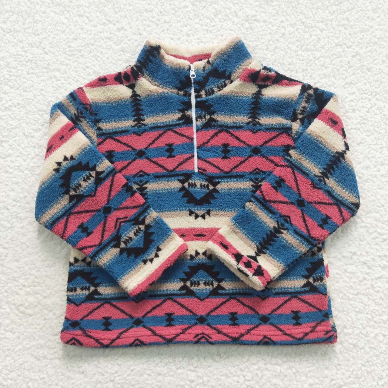 BT0353 aztec geometric blue pink beige zip up fleece jacket long sleeve top