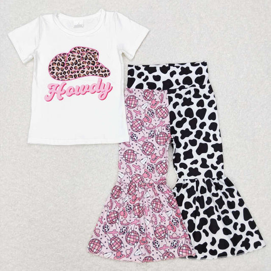 GT0138 girl howdy leopard print hat white short-sleeved top + P0369 alpine cow head cactus light ball cow pattern stitching trousers