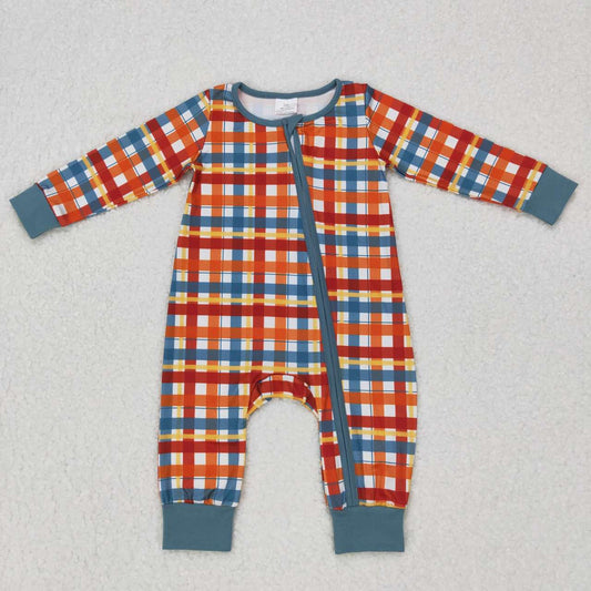 LR0622 Orange and green plaid zipper long-sleeved jumpsuit
